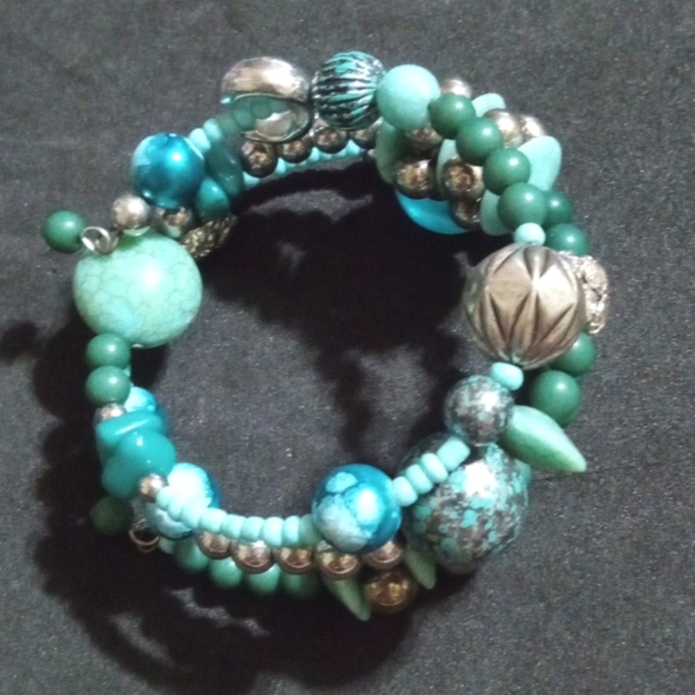 Boho Beaded Memory Wire Cuff Turquoise Bracelet Chunky Stack Statement Jewelry